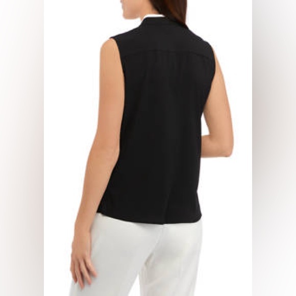 🆕Calvin Klein Size M Women’s Black Sleeveless White Trim Ruffle Front Top - Picture 3 of 9